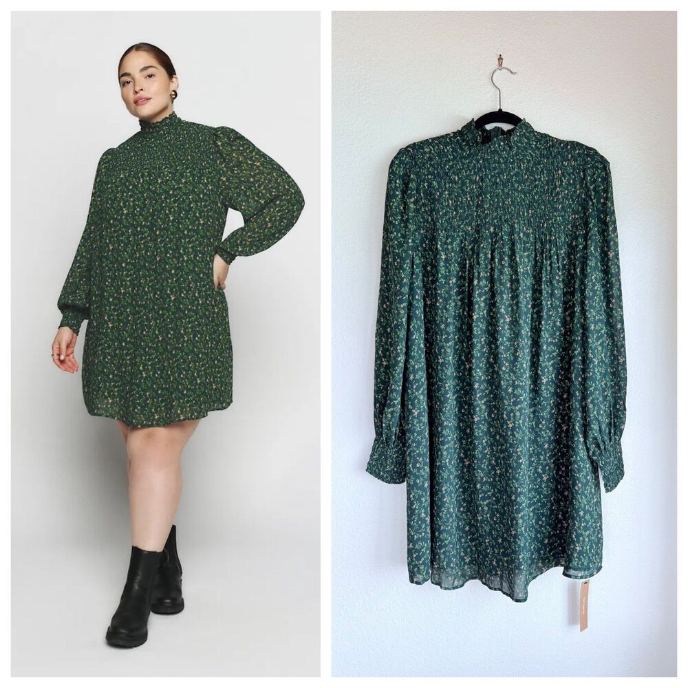 NWT Reformation Brandi Mock Neck Mini Dress in Coriander Green Floral Size 2X